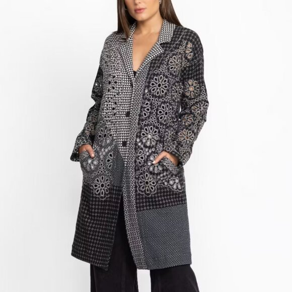 Johnny Was Biya Neelu Eyelet Longline Jacket Black Gray Cotton Duster XS - Picture 1 of 8